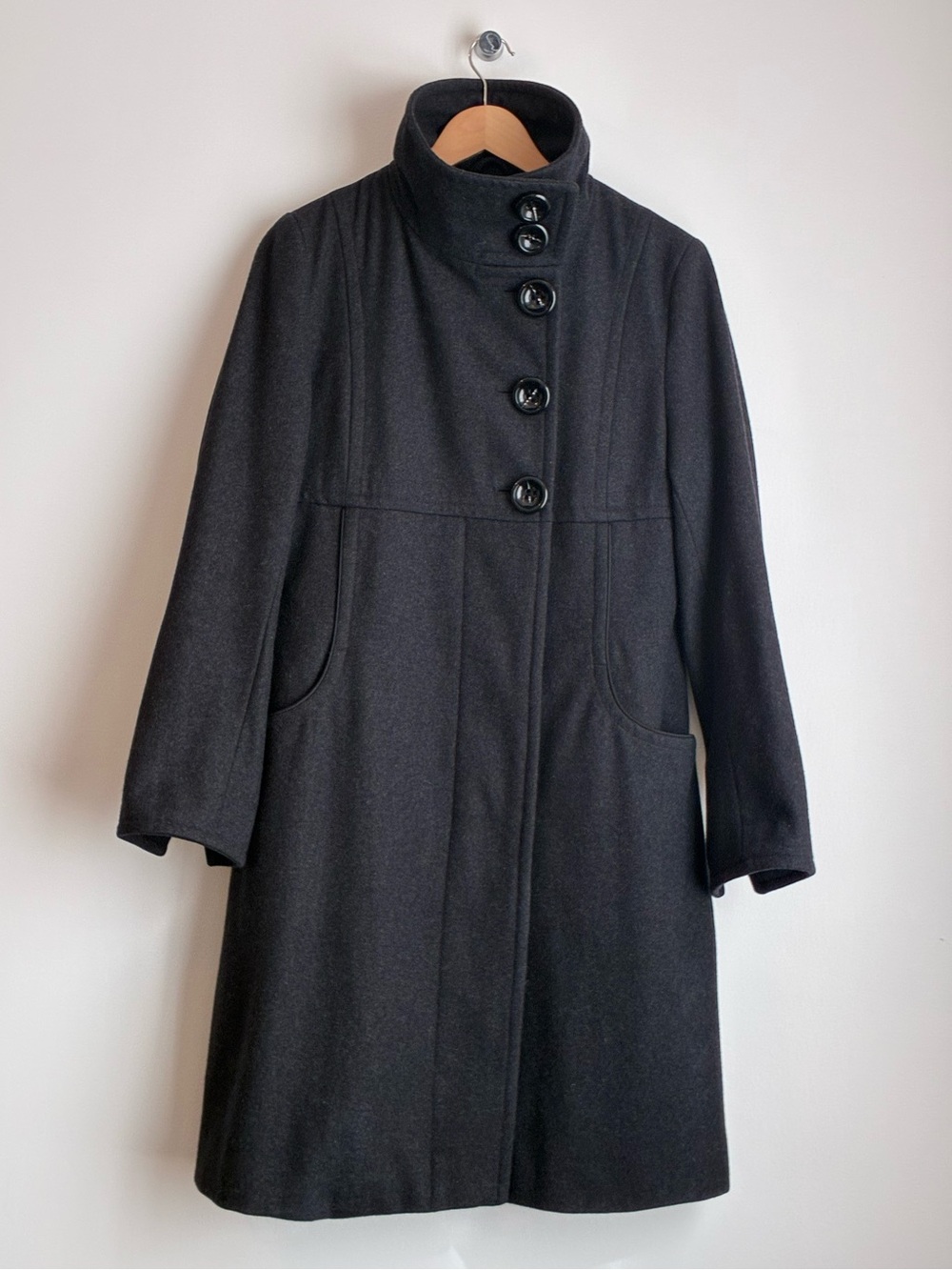 Wool Blend Charcoal Grey Funnel Neck Winter Coat Jacket Back Button Size 8